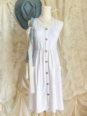 White Button Front Midi Dress Minimal Clean Girl Summer Sundress Pockets